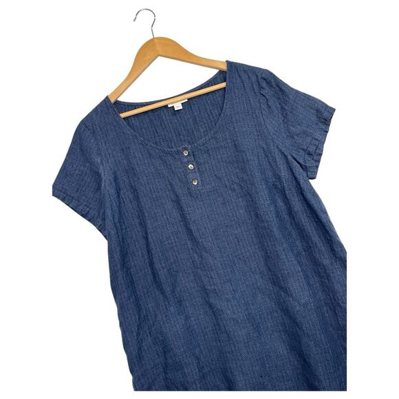 Pure J Jill Top Womens Medium Blue Linen Tunic Henley Lagenlook Cottage Coastal - Picture 5 of 12